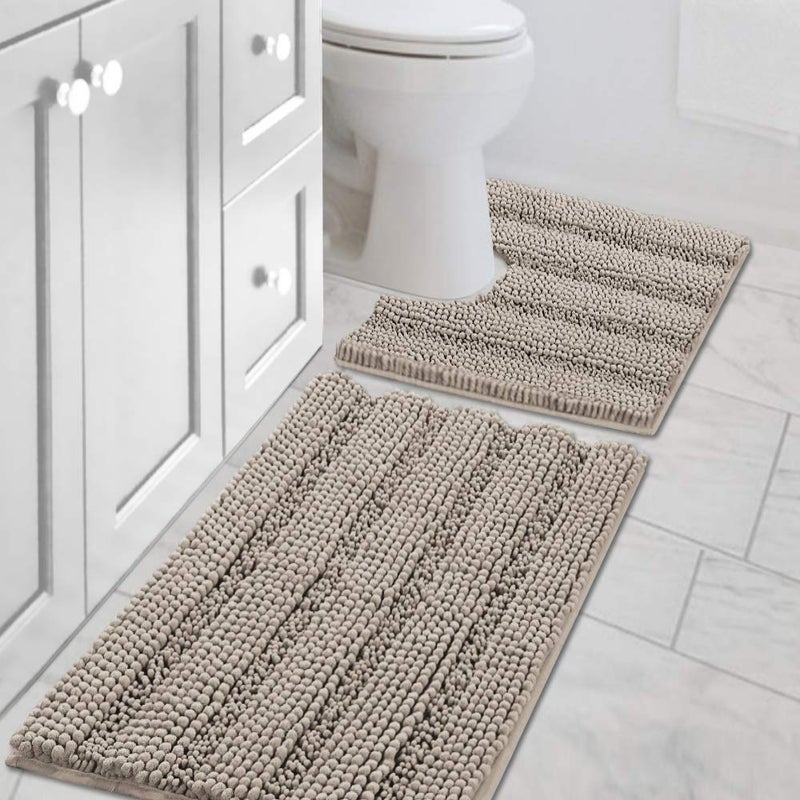 H.VERSAILTEX Bathroom Rugs Bath Rug Set 2 Piece Bathroom Contour Rug Toilet Mat Sets Non Slip Contour Bath Rug Ultra Thick Water Absorbent Striped Bath Mats Washable(20" x 32" Plus 20" x 20" U, Taupe) - Image 1